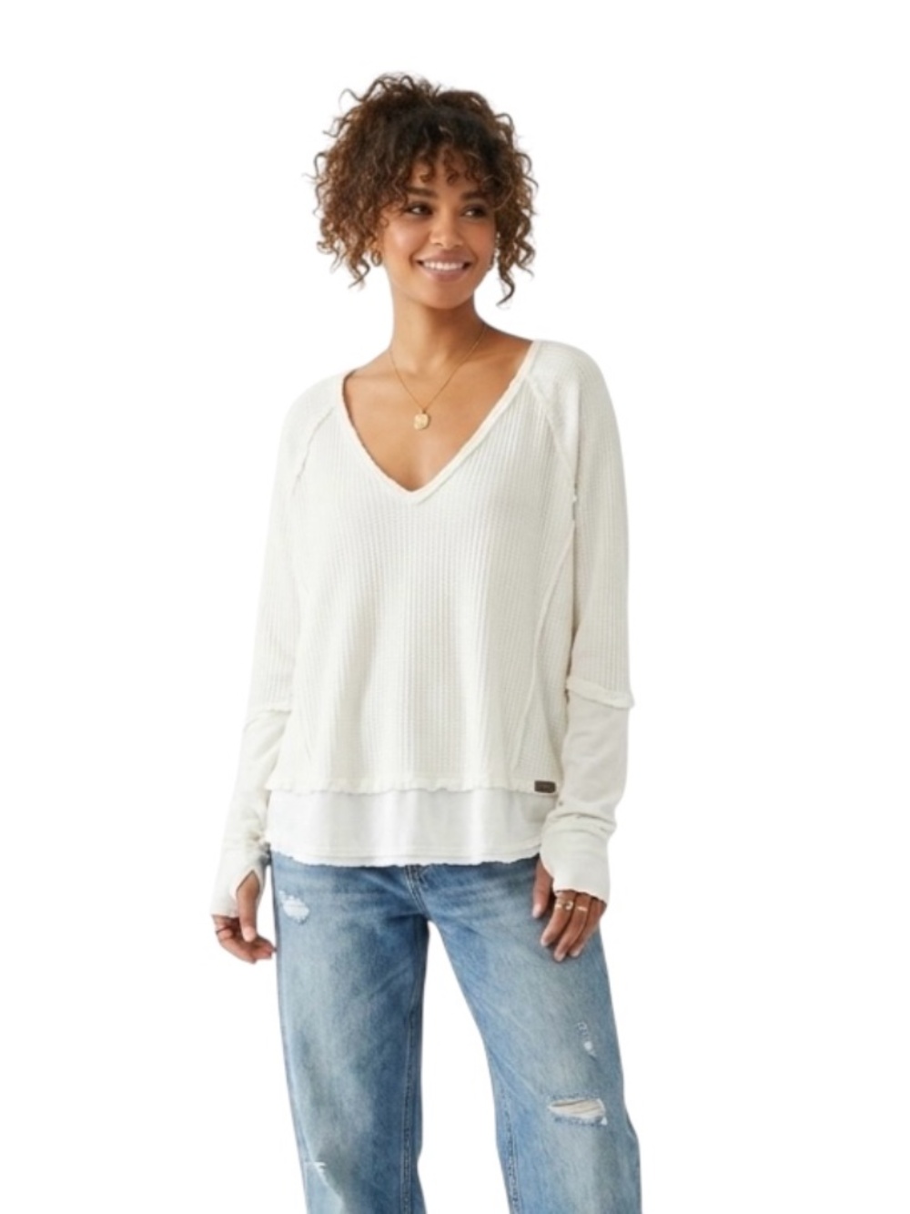 We The Free Waffle Knit Thermal Top SzS White Slouchy Lagenlook Boho Shabby Chic